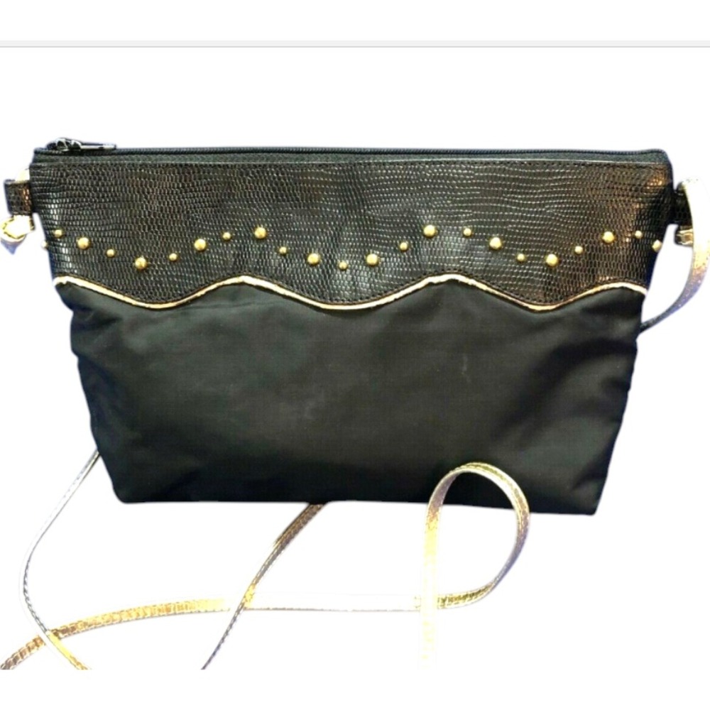 JAY HERBERT Sharif VTG BLACK EVENING BAG Lizard Leather & Microfiber GOLD STUDS